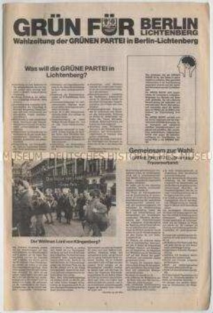 Sonderdruck der Grünen Partei Berlin-Lichtenberg zur Kommunalwahl in (Ost-)Berlin am 6. Mai 1990