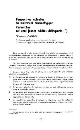 269-282, Perspectives actuelles du traitement criminologique. Recherches sur cent jeunes adultes délinquants