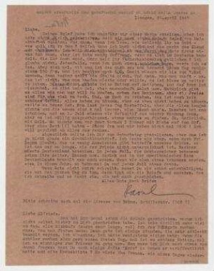 Brief von Raoul Hausmann an Elfriede Hausmann und Vera Hausmann. Limoges. Zusatz von Dela Blakmar und Hedwig Hausmann