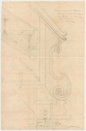 Thiersch, Friedrich von; München; Justizpalast - Dachgeschosstreppen, Treppe Portierloge Nordvestibül (Teilansichten, Perspektive, Schnitte)