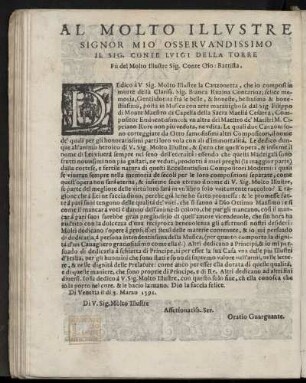 Dedikation an Conte Luigi della Torre, Sohn des verstorbenen Conte Giovanni Battista, von Oratio Guarguante [Zedler 11, Sp. 1193], Venedig 5. März 1591