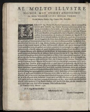Dedikation an Conte Luigi della Torre, Sohn des verstorbenen Conte Giovanni Battista, von Oratio Guarguante [Zedler 11, Sp. 1193], Venedig 5. März 1591