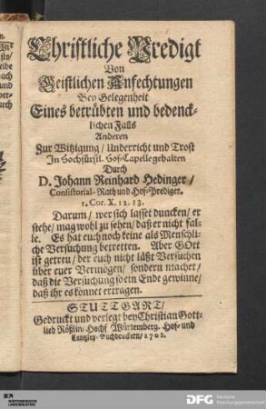 Christliche Predigt von Geistlichen Anfechtungen [...].