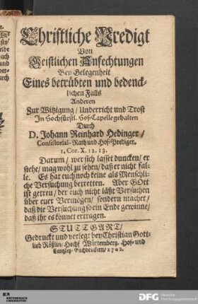 Christliche Predigt von Geistlichen Anfechtungen [...].