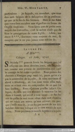 Lettre IV. A Mde * * *. Cologne. 16 Août, 1716