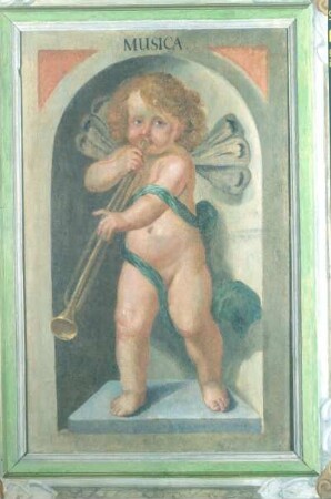 Putto mit Posaune als Musica (Aus: Die sieben freien Künste) : Putto mit Posaune als Musica (Aus: Die sieben freien Künste). Öl? auf Holz (wohl 1655/1684; C. Schiebling und C. Wiebel zugeschrieben). Radebeul, Hoflößnitz, Berg- und Lusthaus, Berg- und Lusthaus, Wohnraum der Kurfürstin
