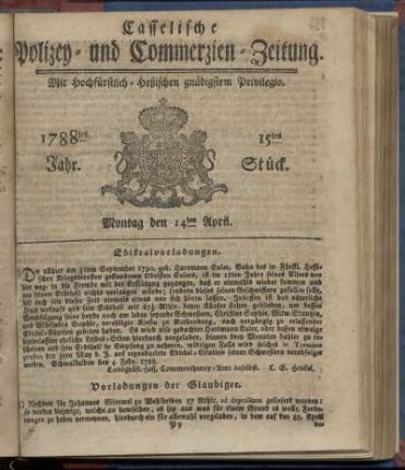 15tes Stueck, Montag den 14ten April. 1788