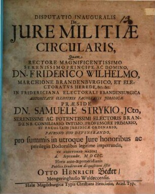Disputatio Inauguralis De Jure Militiæ Circularis