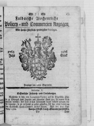38tes Stück, Ausgabe vom 16. September 1768