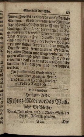 Die neundte Hochzeit-Rede. Schuzz-Rede vor das Weibliche Geschlecht