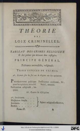 Tableau Des Crimes Religieux et des peines qui doivent être infligées.