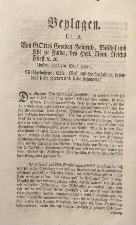 Lit. A. Von Gottes Gnaden Heinrich, Bischof und Abt zu Fulda, des Heil. Röm. Reichs Fürst etc. etc.