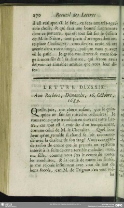 Lettre DLXXXIX. Aux Rochers, Dimanche, 16. Octobre, 1689