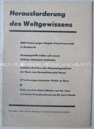 Sonderdruck mit dem Wortlaut einer Rede von Albert Norden auf einer internationalen Pressekonferenz der DDR- Regierung zur Wahl des Bundespräsidenten in Westberlin