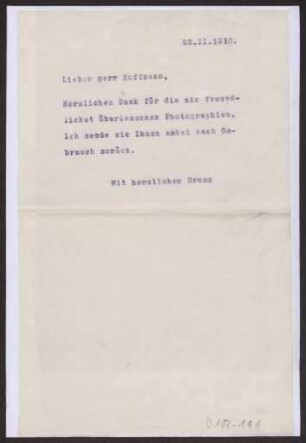 Schreiben an Josef Hoffmann (Brief)