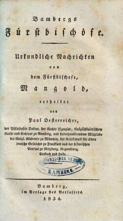 Bambergs Fürstbischöfe : urkundliche Nachrichten von dem Fürstbischofe, Mangold