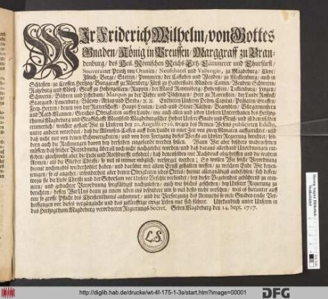 Wjr Friderich Wilhelm, von Gottes Gnaden, König in Preussen, Marggraff zu Brandenburg/ des Heil. Römischen Reichs Ertz-Cämmerer und Churfürst ...