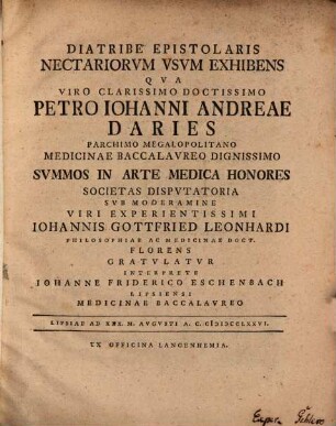 Diatribe epist. nectariorum usum exhibens