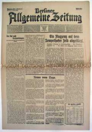 Tageszeitung "Berliner Allgemeine Zeitung" u.a. zur Besetzung des Ruhrgebiets durch französische Truppen