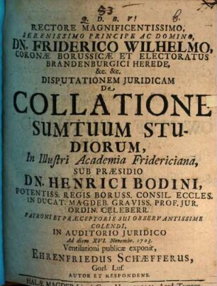 Disp. iur. de collatione sumtuum studiorum