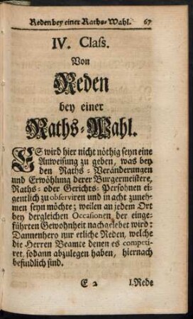 IV. Class. Von Reden bey einer Raths-Wahl.