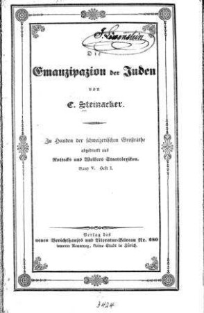 Die Emanzipation der Juden / von C. Steinacker