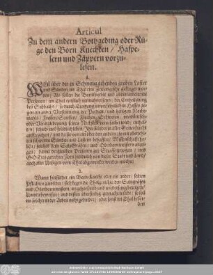 Articul Zu dem andern Bothgeding oder Rüge den Born Knechten/ Haspelern und Zäppern vorzulesen.