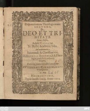 Disputationum Theologicarum Secunda, De Deo Et Trinitate