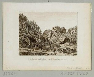 Die Hohnsteiner Mühle im Polenztal bei Hohnstein in der Sächsischen Schweiz, im Vordergrund durchquert eine Kuhherde den Bach, aus Andenken an die Sächsische Schweiz von C. A. Richter 1820