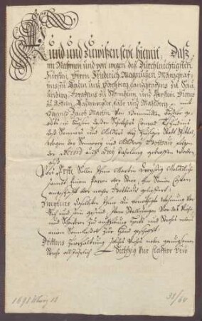 Bestandsbrief über die Gottesauer Meierei zwischen der Landesherrschaft und Hans Jakob Martin.