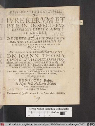 Dissertatio Inauguralis De Iure Rerum Et Iuris In Re Speciebus Harumque Divisionibus In Genere