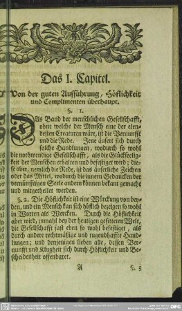 Das I. Capitel. Von der guten Aufführung, Höflichkeit und Complimenten überhaupt