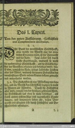 Das I. Capitel. Von der guten Aufführung, Höflichkeit und Complimenten überhaupt