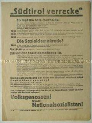 Nationalsozialistisches Propagandaflugblatt zur Haltung der Partei bezüglich Südtirol