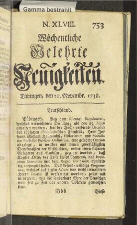 N. XLVIII. Tübingen, den 28. Novembr. 1738