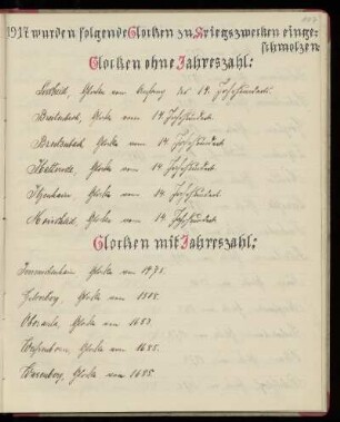 1917 wurden folgende Glocken zu Kriegszwecken eingeschmolzen