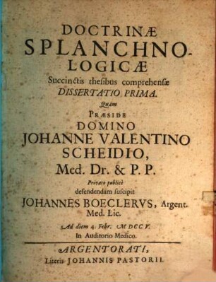 Doctrinae splanchnologicae, succinctis thesibus comprehendae, dissertatio prima