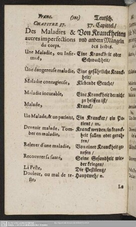 Chapitre 37. Des Maladies & autres imperfections du corps. 37. Capittel, Von Kranckheiten vnd andern Mängeln des Leibes.