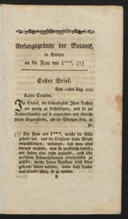 Anfangsgründe der Botanik, in Briefen an die Frau von L***. (+) Erster Brief - Achter Brief
