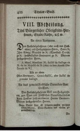 VIII. Abtheilung. Titel Bürgerlicher Obrigkeits-Personen, Stadt-Räthe, u.s.w.