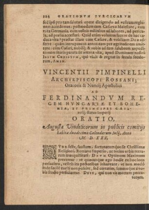 Vincentii Pimpinelli Archiepiscopi Rossani ... Ad Ferdinandum Regem Hungariae Et Bohemiae ... Oratio ...