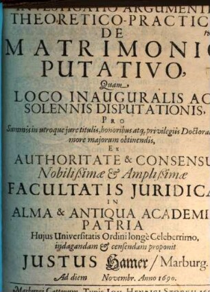 Investigatio argumenti theoretico-practici de matrimonio putativo