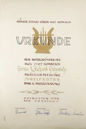 Urkunde: 50. Jubiläum des Männer-Gesang-Verein Schweich