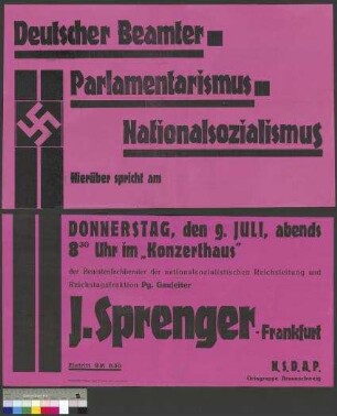 Plakat der NSDAP zu einer öffentlichen Parteiversammlung am 9. Juli 1931 in Braunschweig