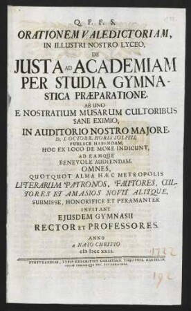 Orationem valedictoriam in illustri nostro lyceo de justa ad academiam per studia gymnastica...