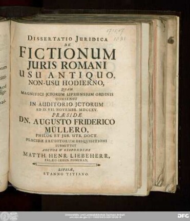 Dissertatio Juridica De Fictionum Juris Romani Usu Antiquo, Non-Usu Hodierno