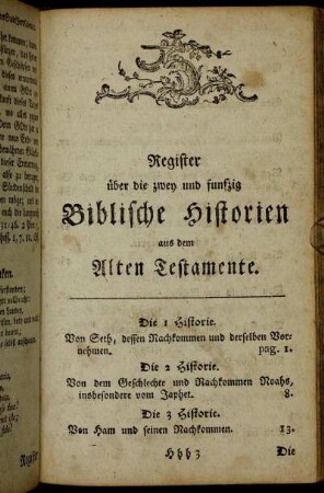 Register über die zwey und funfzig Biblische Historien aus dem Alten Testamente. - Register über die zwey und funfzig Biblische Historien aus dem Neuen Testamente.