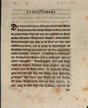 Avertissement. Das Corpus Gravaminum Evangelicorum ist ohne Widerspruch in seiner Art eine sehr schätzbares Buch ... : [Regensburg, den 17. Jenner 1771.]