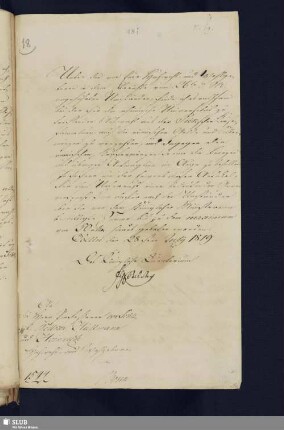 18i: Brief Fr. L. Chr. v. Solms-Laubachs an die Professoren Schlegel, Welcker, Heinrich und Hüllmann; dat. Coelln, 28.07.1819.