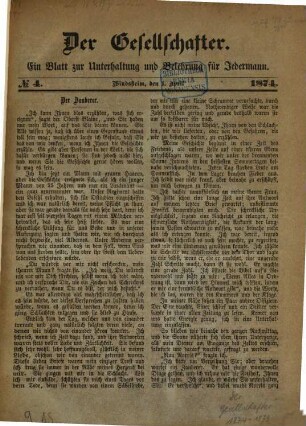 Der Gesellschafter : ein Blatt zur Unterhaltung und Belehrung für jedermann. 1874,4/12